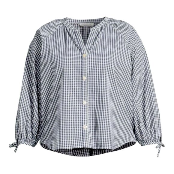 Free Assembly Blue Plaid Top XXL Navy 3/4 Sleeve Button Down flowy lightweight - Picture 1 of 3